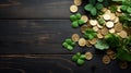 St Patrics day, golden coins and lucky four leaves clover, Irish beer holiday