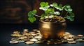 St Patrics day, golden coins and lucky four leaves clover, Irish beer holiday