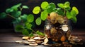 St Patrics day, golden coins and lucky four leaves clover, Irish beer holiday