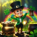 St. Patty\'s Day Leprechaun with rainbow and pot of gold Royalty Free Stock Photo