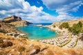 St. Paul bay with boats, Lindos acropolis in background Rhodes, Royalty Free Stock Photo