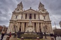 St Paul Cathedral and London city in the UK. Urban view in United Kingdom with Church in old town and business district, England,