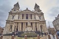 St Paul Cathedral and London city in the UK. Urban view in United Kingdom with Church in old town and business district, England,