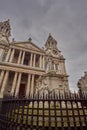 St Paul Cathedral and London city in the UK. Urban view in United Kingdom with Church in old town and business district, England,