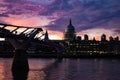 St. Paul`s Cathedral and the Millenium Bridge Sunset Royalty Free Stock Photo