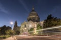 St Paul`s Cathedral, at night, with traffic trails of London buses Royalty Free Stock Photo