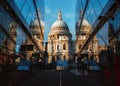 St Paul`s Cathedral reflected in modern glass buildings, London