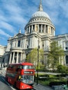 St. Paul`s Cathedral seen from a double decker red bus in the city, England Royalty Free Stock Photo