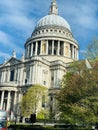 St. Paul`s Cathedral seen from a double decker red bus in the city, England Royalty Free Stock Photo