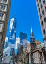 St. Paul`s Chapel of Trinity Church Wall Street in the background - One World Trade Center and Seven of the World Trade Center Royalty Free Stock Photo