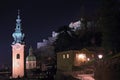 St. Peter`s Abbey Church and Hohensalzburg fortress at night. Salzburg, Austria.