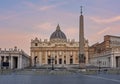 St. Peter`s basilica on Saint Peter`s square in Vatican at sunrise, center of Rome, Italy Royalty Free Stock Photo