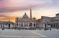 St. Peter`s Basilica on St. Peter`s square in Vatican at sunset, center of Rome, Italy