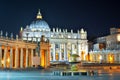 St. Peter`s Cathedral on St. Peter`s square in Vatican at night, center of Rome, Italy