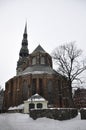 St. Peter`s Church in Riga, Latvia. The red brick church with a gothic tower in the old town is one of the symbols of Riga Royalty Free Stock Photo