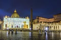 St. Peter`s square in Vatican at night, center of Rome, Italy translation