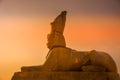 St. Peterburg, Russia - July 2015: Quay With Sphinxes. Ancient Egyptian Sphinx against an orange sunset sky.