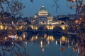 St Peters Basilica Basilica and Tiber with Aurelius bridge looked through a tree by night Royalty Free Stock Photo