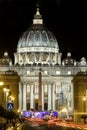 St. Peters Basilica in Rome, Italy with christmas tree. Vatican City. Light trails of cars