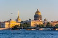 St. Petersburg cityscape with Saint Isaac`s Cathedral, Admiralty building and Palace bridge at sunset, Russia Royalty Free Stock Photo