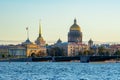 St. Petersburg cityscape with Saint Isaac`s Cathedral, Admiralty building and Palace bridge at sunset, Russia Royalty Free Stock Photo