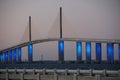 St Petersburg, Florida, U.S - November 10, 2021 - The view of the Bob Graham Sunshine Skyway Bridge lit in blue lights