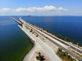 St Petersburg, Florida, U.S.A - September 27, 2019 - The aerial view of the south side of Bob Graham Sunshine Skyway Bridge