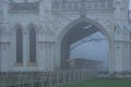 St. Petersburg, Peterhof at dawn in the summer in the fog. Thick white fog. The railway is in a fog. A thoughtful, heartfelt, extr