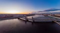St. Petersburg Russia. Aerial panoramic view from drone to Peter the Great bridge of white nights. Bolsheokhtinsky Royalty Free Stock Photo