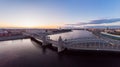 St. Petersburg Russia. Aerial panoramic view from drone to Peter the Great bridge of white nights. Bolsheokhtinsky Royalty Free Stock Photo