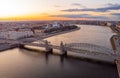 St. Petersburg Russia. Aerial panoramic view from drone to Peter the Great bridge of white nights. Bolsheokhtinsky Royalty Free Stock Photo