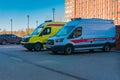 St. Petersburg, Russia - 03.30.2020: ambulances at the hospital. Increased willingness to travel for first aid to the patient and Royalty Free Stock Photo