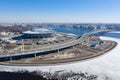 ST. PETERSBURG, RUSSIA - APRIL, 2019: Panoramic winter aerial view of the Zenith Arena stadium in St. Petersburg and its