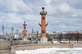 Rostral columns on the spit of Vasilievsky Island on an April day. Saint Petersburg