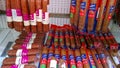 Smoked Sausage, salami, lunch meat products on supermarket shelves. Retail industry and chain. Grocery store. Food. Product of