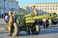 Artillery guns and soldiers in uniform during the great Patriotic War on the Palace square in Day of memory and grief