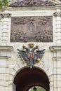 Coat of arms of the Russian Empire on the Peter Gate in the Peter and Paul Fortress in St. Petersburg Royalty Free Stock Photo