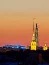 ST. PETERSBURG. RUSSIA - August 28, 2019. Krestovsky stadium, the Lakhta Center skyscraper and the Peter and Paul Fortress against