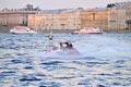The man on the jet ski quickly floats on the Neva river on the b Royalty Free Stock Photo