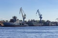 Vessels under construction and an icebreaker at the Admiralty Shipyard in St. Petersburg