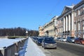 St. Petersburg, Russia, February, 27, 2018. Cars near the house of Pashkov, mansion of Levashov, 1836 year of construction. Embank