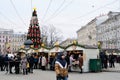 St. Petersburg, Russia, December 2019. Christmas market and New Year tree on the square in the city center.