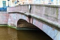 St. Petersburg, Russia, December 2019. Closeup of a granite bridge over a canal in the city center.