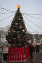 St. Petersburg, Russia, December 16, 2023. New Year tree at the Christmas market in the city center.