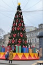 St. Petersburg, Russia, December 2019. People take pictures at the Christmas tree at the fair.