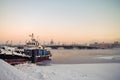 Winter view of the Annunciation Blagoveschensky bridge with Saint Isaac`s Cathedral, St. Petersburg, Russia Royalty Free Stock Photo