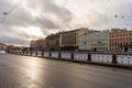 St. Petersburg, Russia, February 4, 2024. Ancient houses on the embankment of the Fontanka River at sunset.