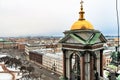 St. Petersburg, Russia, February 2020 The bell tower of St. Isaac`s Cathedral and a view of the city from above.