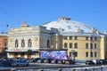St. Petersburg, Russia, February, 27, 2018.Cars parked in front of the Chiniselli circus on the embankment of Fontanka river