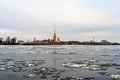 St. Petersburg, Russia, February 2020. Cloudy sky over the Neva River and view of the Peter and Paul Fortress. Royalty Free Stock Photo